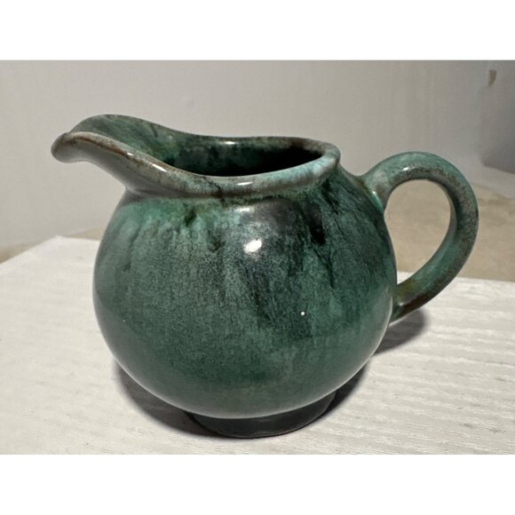 Vintage Handmade Green Ceramic Pitcher Creamer With Handle & Spout 2.75" - Picture 2 of 5